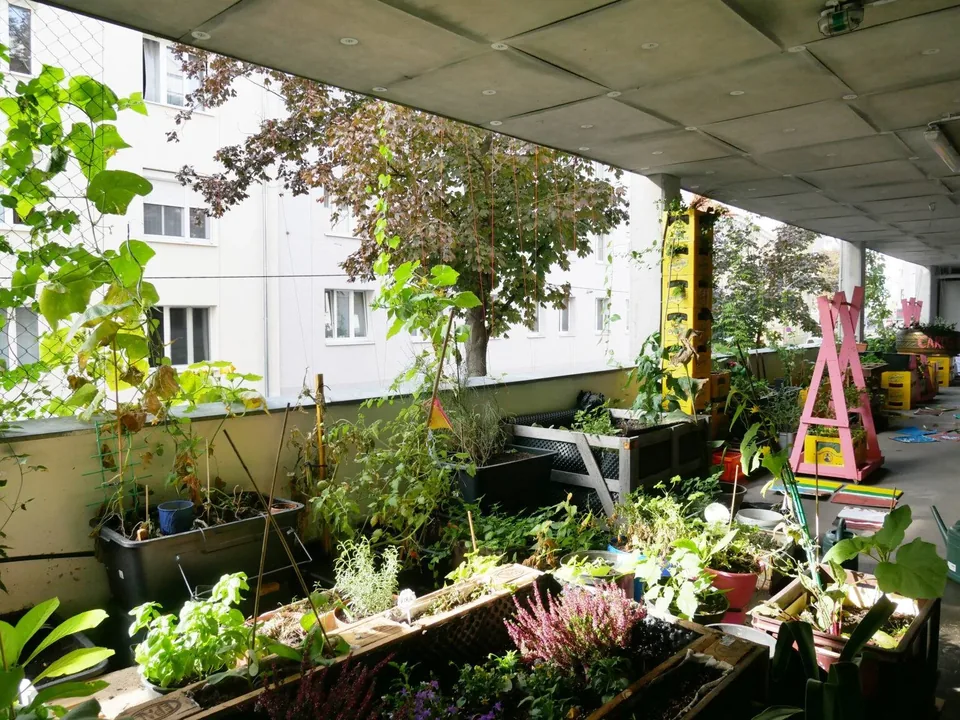 Pflanzkästen, Kletterpflanzen und Sitzplätze auf einer offenen Etage der Garage Grande